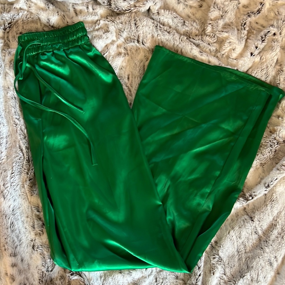 Green silky flare drawstring pants